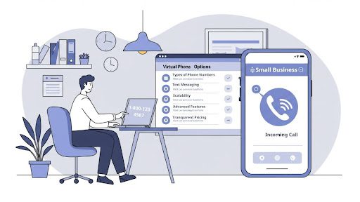 Person at desk managing calls and virtual business phone number account options